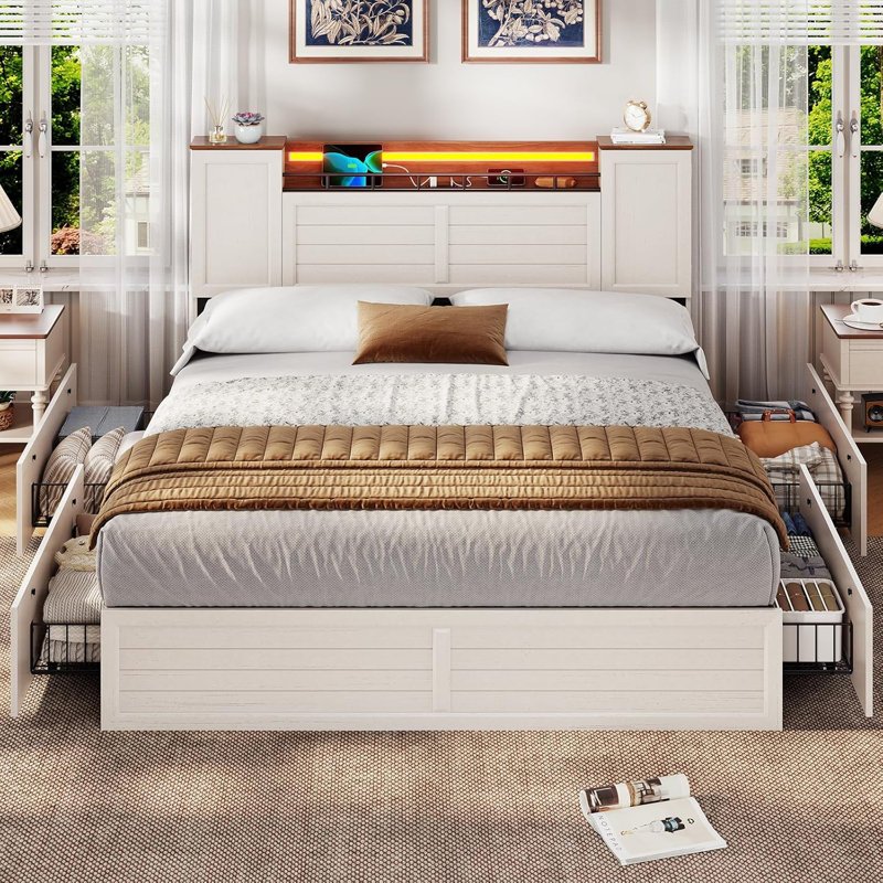 Farmhouse Bed Frame With Storage, Barn Door Headboard Rustic Wooden Bed With 4 Drawers And Led Lights, Queen, White