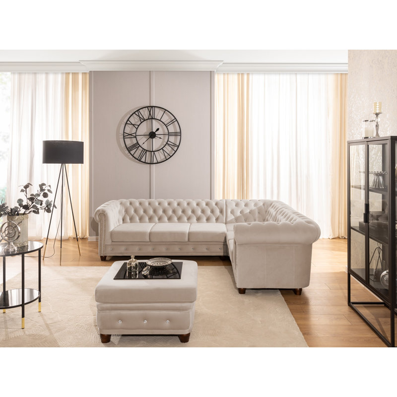 Chesterfield Corner Sofa L-Shape with Sleeping Function Cleo Blink in Velvet with Crystal Tufting, Right-Hand Facing, Beige