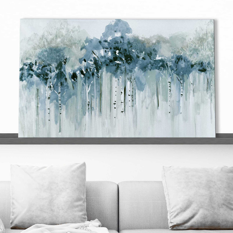 «Blue Birch Morning» par - Peinture, Toile tendue, H 24 po x l 40 po x P 1,5 po