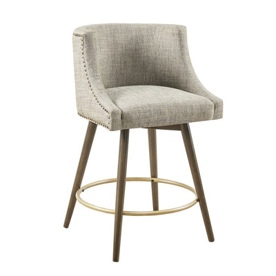 Tabouret de comptoir beige recouvert - pieds en bois massif au fini café foncé, revêtement en bronze antique, capacité de pivotement,
