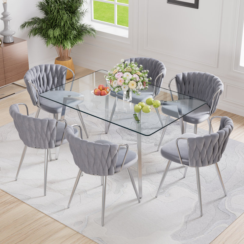 51in Rectangle Glass Top Dining Set, 7, Grey