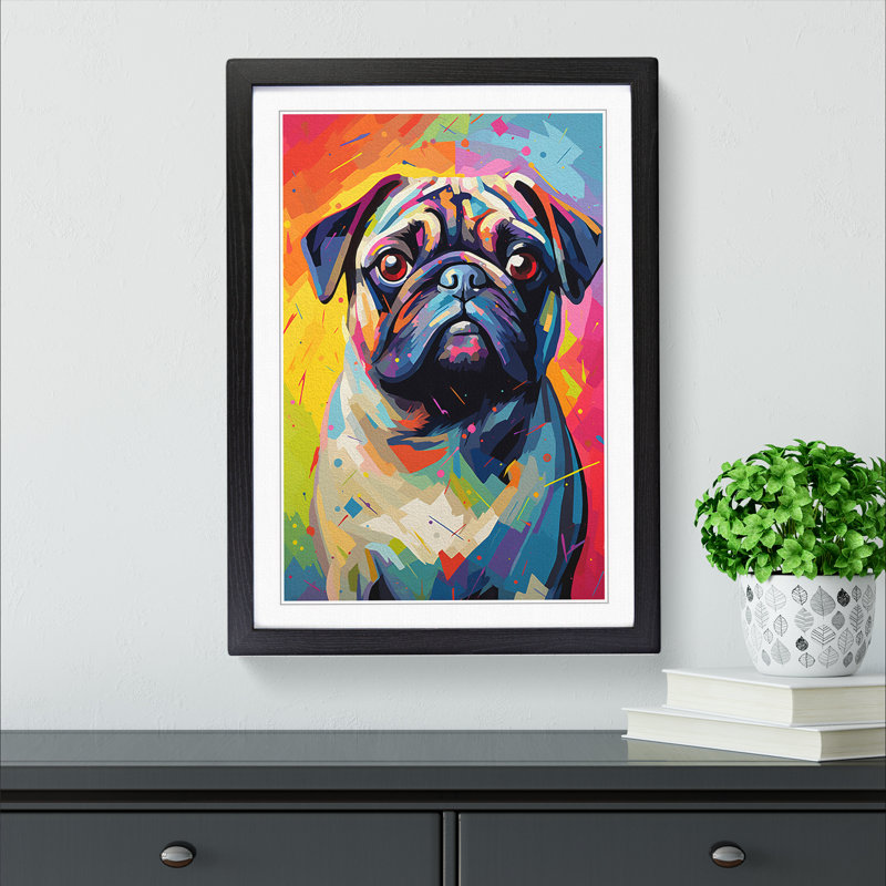 Pug Colour Field - Single Picture Frame Print on Wood, 64cm H x 46cm W x 2" D, Black Framed