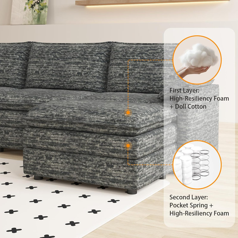 Ebern Designs 108" Modular Sectional Couch with Ottoman, Chenille L ...