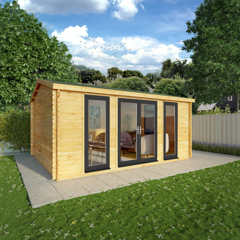 16ft x 13ft Home Office Studio Log Cabin With UPVC Windows & Doors (44mm), Grey/Natural Timber