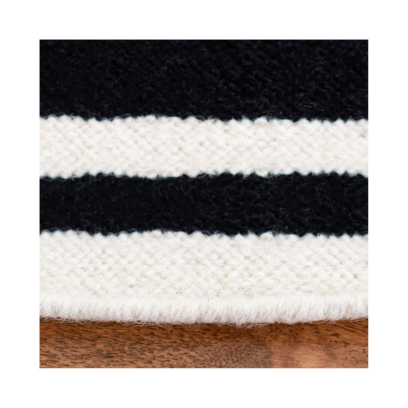 Rodgers Hand Woven Flat Weave Wool/Cotton Geometric Rug in Black/Ivory, Round 8'