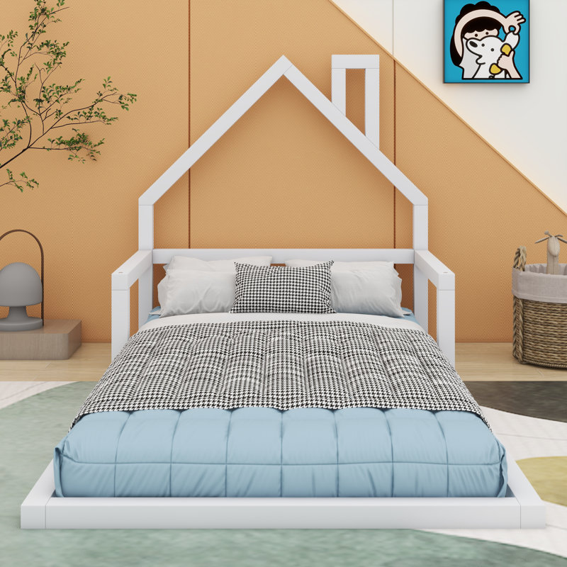 Wood Floor Bed with House-shaped Headboard, Twin, White