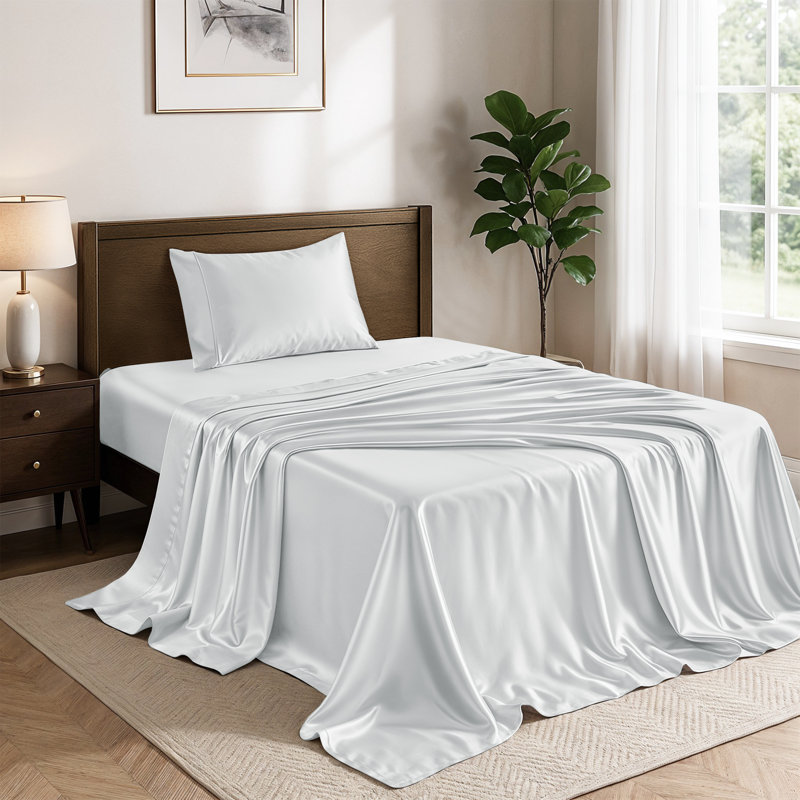 Drap-housse luxueux 4 pièces Lux Satin, Ensemble de draps pour lit simple avec 1 taie d'or, Gris