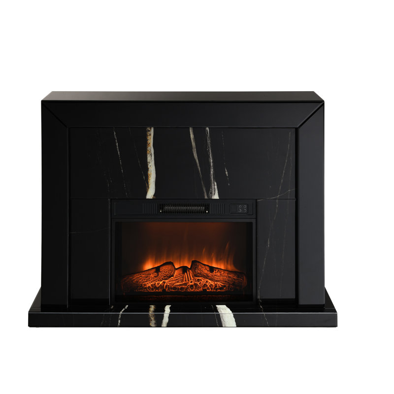 Stunning Black Mirrored Fireplace - Wood Composite, Stylish Marble Grain Feature, Tempered Glass Brilliance, 36In Height, 47In Width Sophisticated Synthetic Wood, Graceful Grain, Delight, X 12In