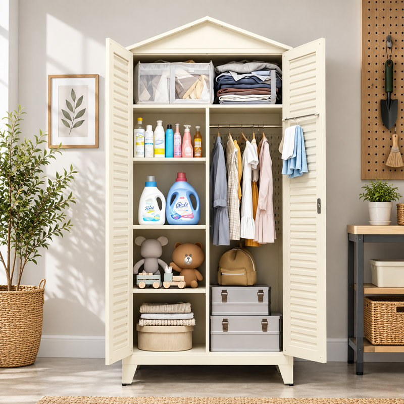 Armoire de rangement haute en acier avec panneau perforé et tiges suspendues, 79,89 po, beige