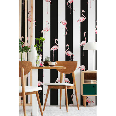 Papier peint rayé rose et noir Flamingo