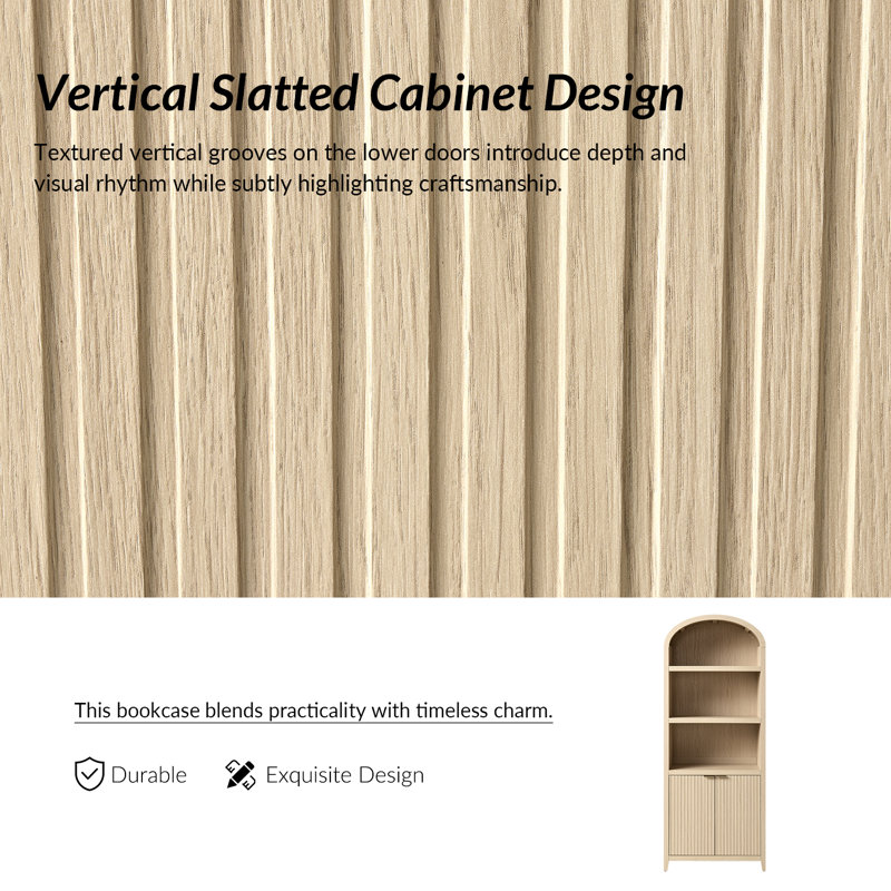 Francisco Modern 76"H Wood Finish Fluted Bookcase with Adjustable Open Shelves and Storage Cabinets, Natural