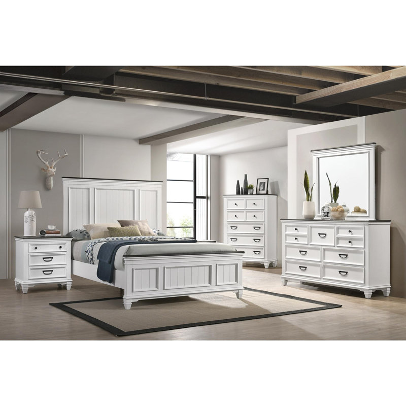 Ensemble de chambre à coucher avec lit, commode, miroir, tables de chevet, commode Semaj, Blanc patiné, 2, Grand