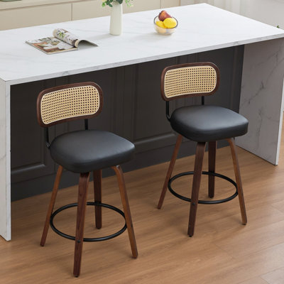 De 2 tabourets de bar American Design avec pivot à 360 °, dossier en canne, siège rembourré ergonomique, pieds en bois, fabrication en noyer pour îlot / cuisine / comptoir / bar (noir noyer) - rembourrage en mousse, pieds à oreilles