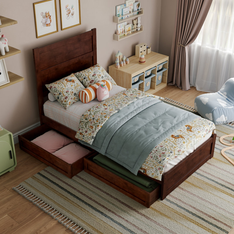 Lit plateforme avec tiroirs de rangement en bois Aveline, Noyer, Lit simple