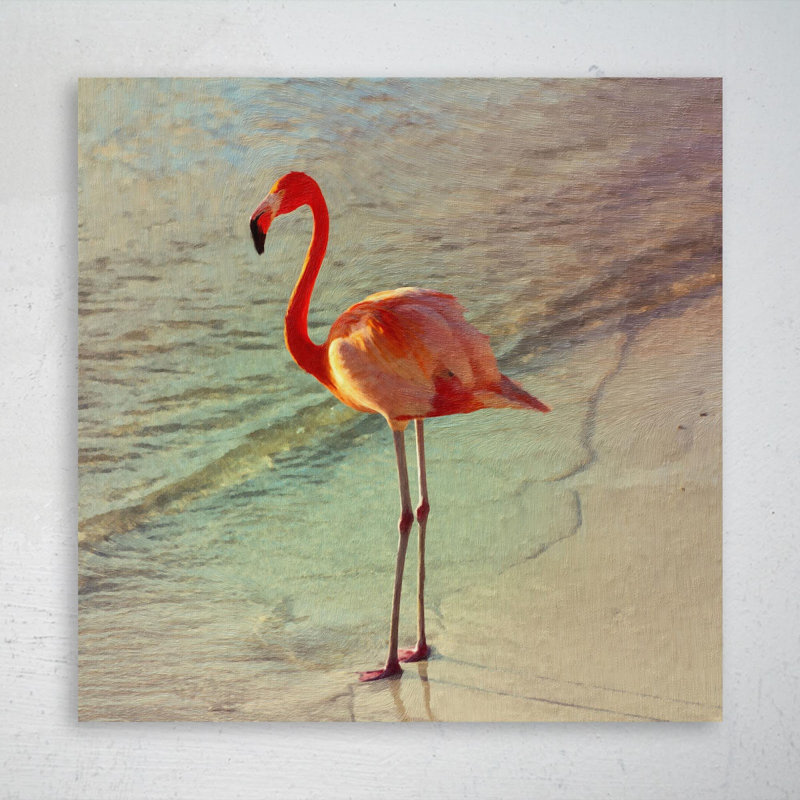 Flamant rose sur sable brun pendant la journée - Reproduction d'art graphique carré sur toile tendue - 1 pièce - 433