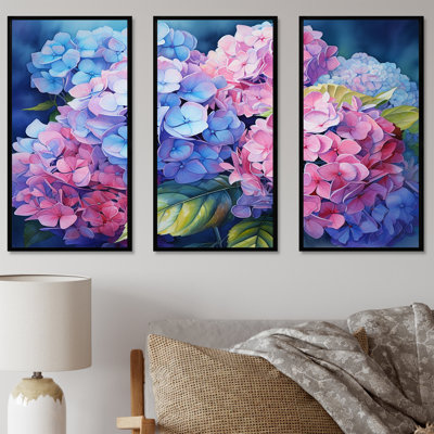 Ensemble d'hortensias muraux roses et mauves, coucher de soleil I