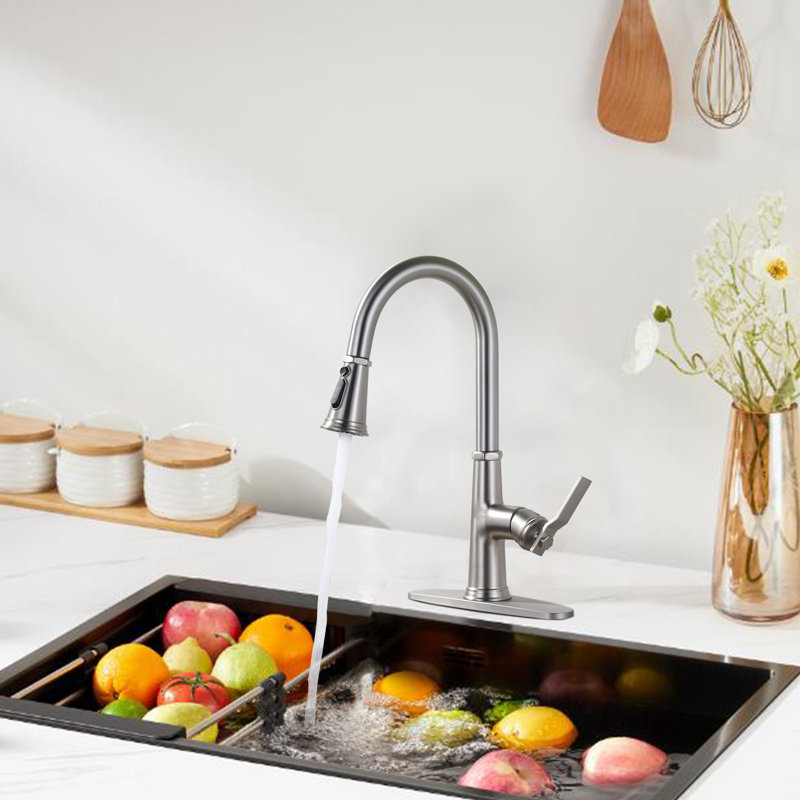 Stainless Steel 3-Function Single Handle Pull Down Kitchen Faucet With Deckplate, Brushed Nickel