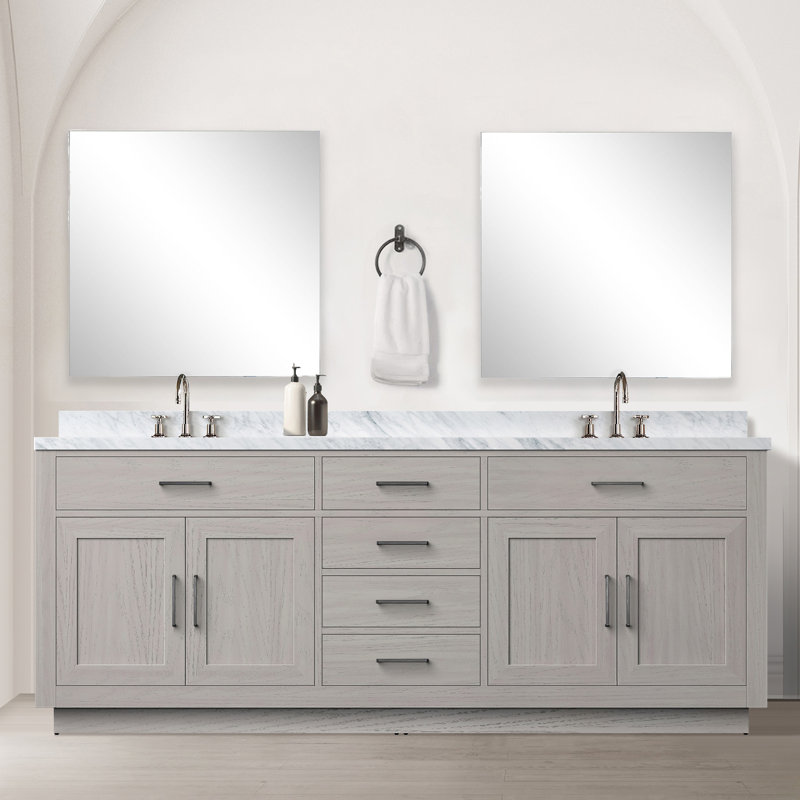 Meuble-lavabo double en chêne blanc 84 po X P 22 po D, dessus en marbre de Carrare et ensemble de robinet