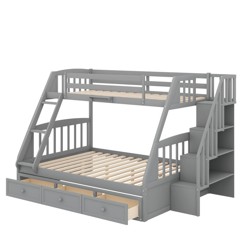 Twin Over Full Bunk Bed With Ladder,Drawers And Storage Staircase, Gray