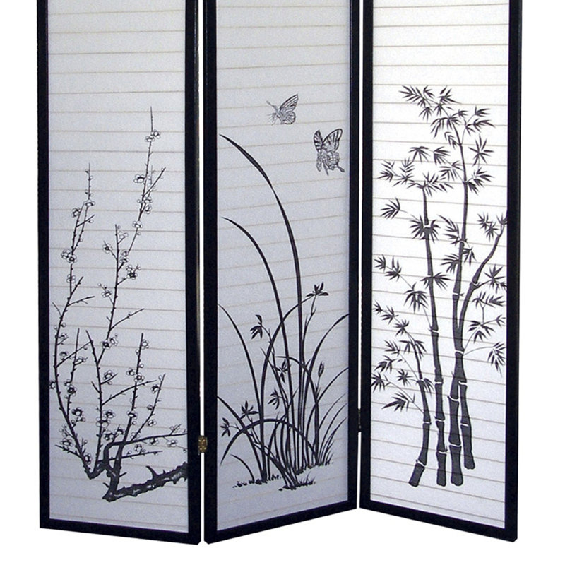 Barrière de séparation 3 pièces de 70 pouces de haut avec motifs floraux et noirs - Préservez votre intimité et rehaussez votre décoration. Panneaux en papier ornés de silhouettes végétales attrayantes et structure métallique.