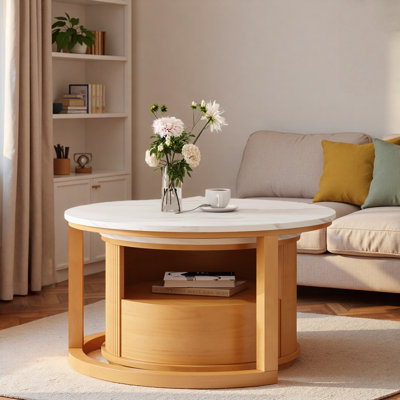 Round Nesting Coffee Table With White Marble Top, 2-tier Storage And 1 Drawer