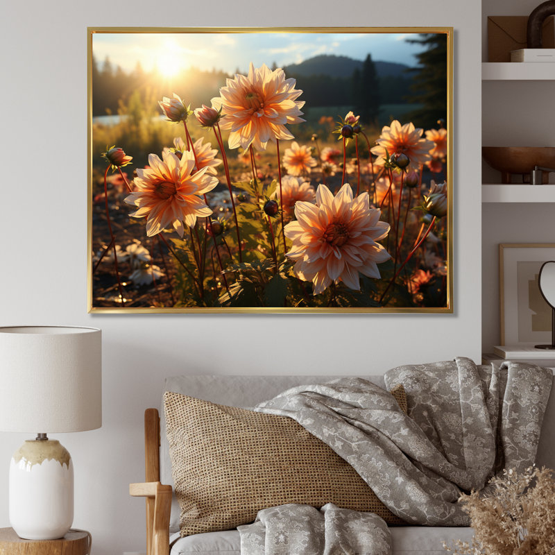 Daisies Field Sunrise II - Floral Wall Art Prints, H 12 po x l 20 po x P 1 po, Cadre flottant doré
