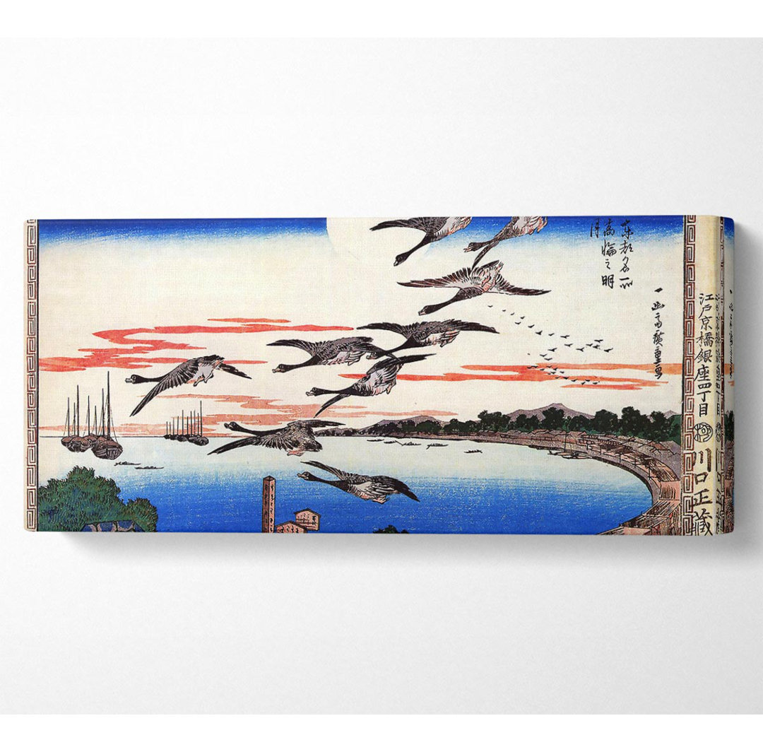 Hiroshige Gänse im Sinkflug über einer Bucht Panorama-Leinwand