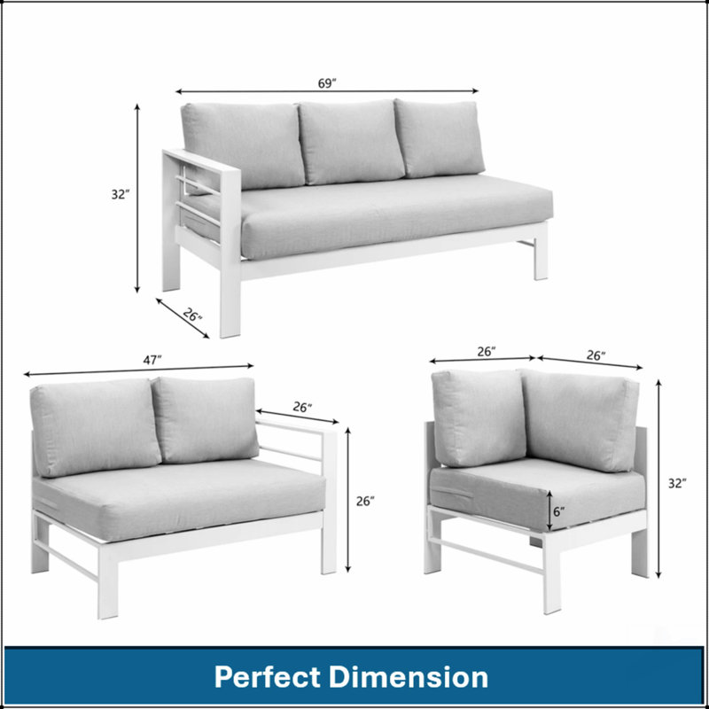 Ensemble de conversation modulaire en aluminium 4 pièces avec canapé d'extérieur 7 places, coussins gris clair épais, structure blanche et table basse