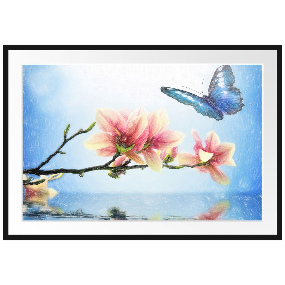 Gerahmtes Poster Schmetterling mit Magnolien-Blüte