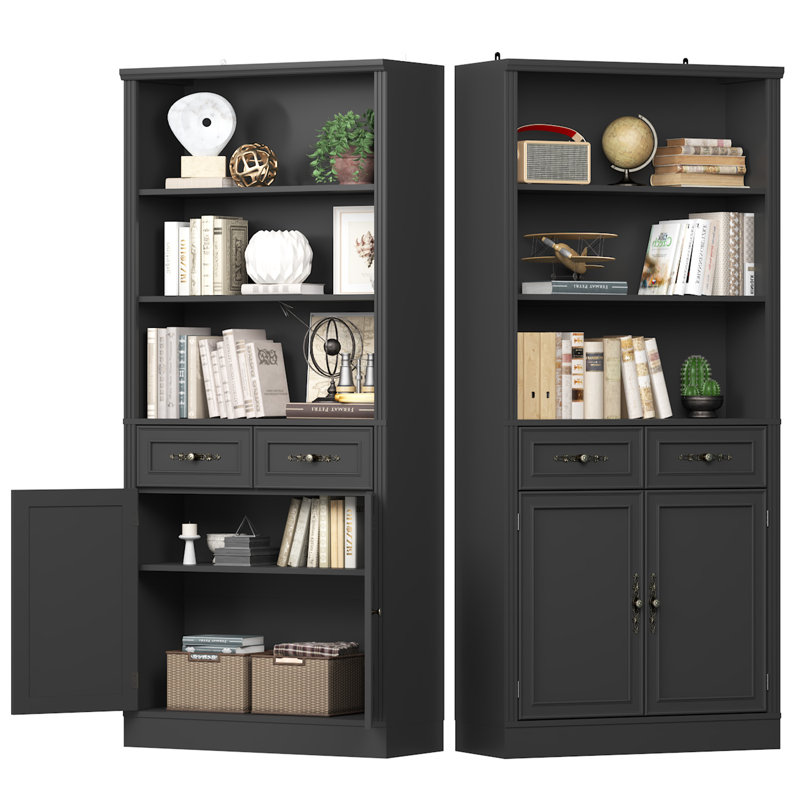 71.4" Tall Modern Bookcase with 2 Doors and 2 Drawers, Book Cabinet Storage with Vintage Handles for Living Room, Bedroom, Home Office