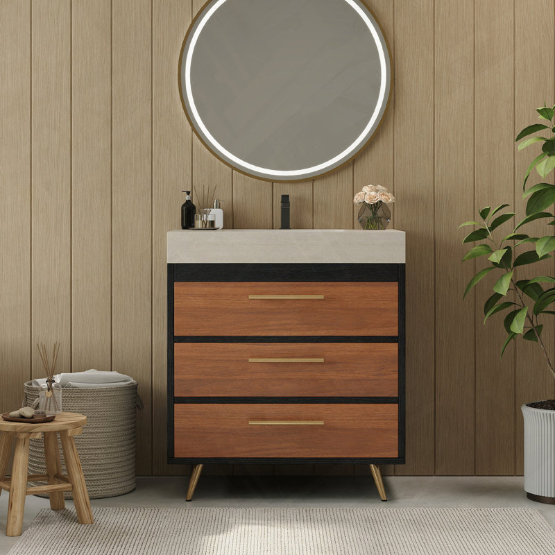 Meuble-lavabo autoportant moderne avec lavabo en céramique et plateau en pierre, Noir / or / noyer, Gris Pierre
