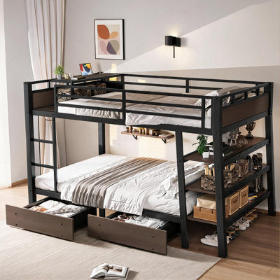 Structure de lit superposé pleine grandeur en métal avec rangement, noir élégant avec barre d'alimentation USB intégrée et bande lumineuse à DEL, idéale pour les petites chambres à coucher