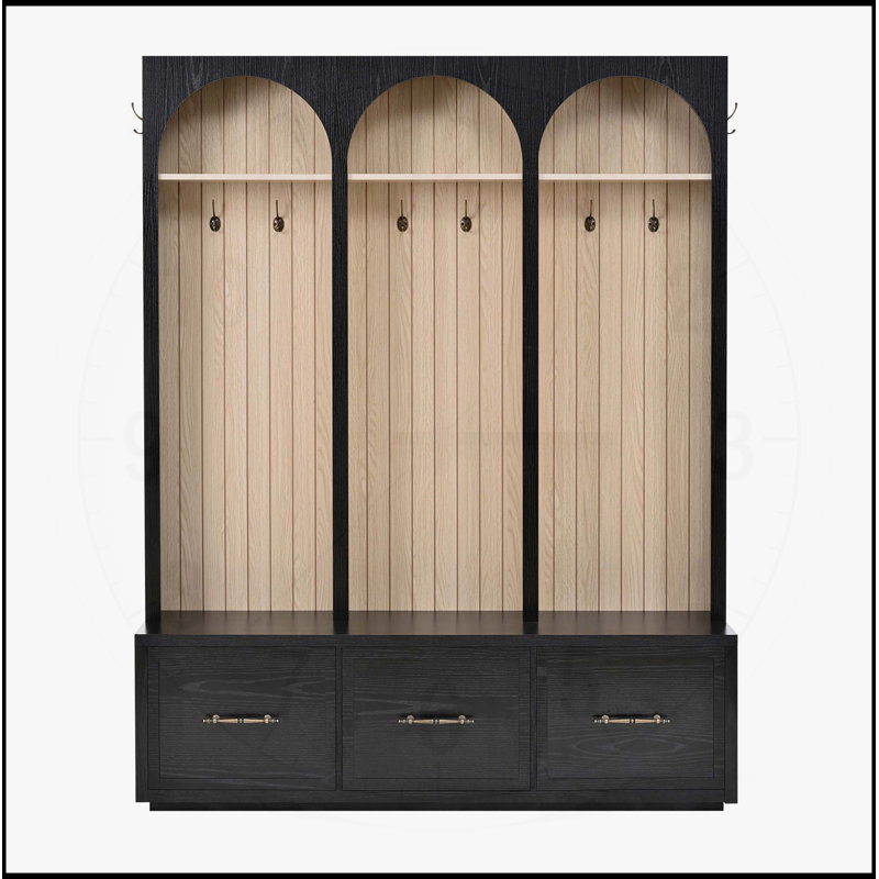 Farmhouse Wooden Style Hall Tree with Arched Design, Elegant 59 Inch Wide Entryway Bench with 8 Hooks and 3 Drawers, Rustic Coat Rack & Shoe Organizer