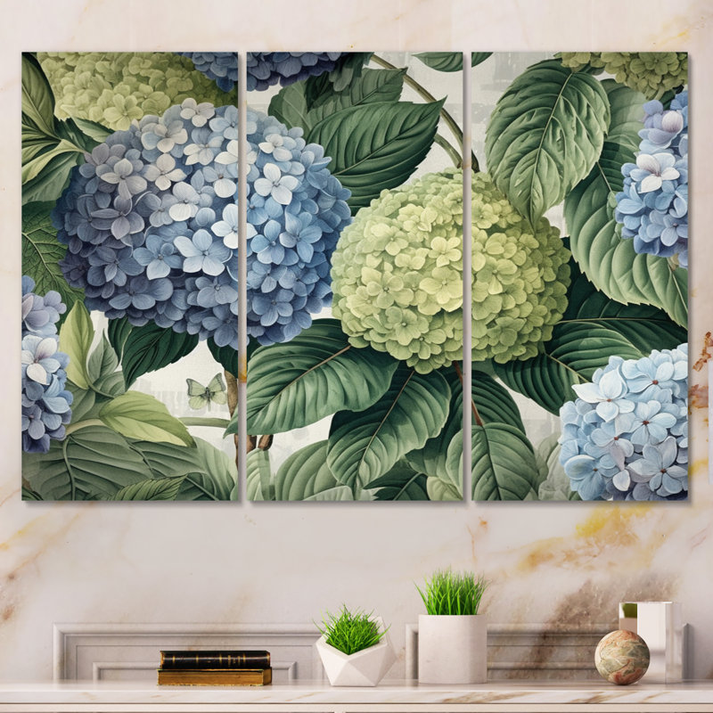 Rose et vert, hortensias, fleurs du ciel I sur toile, impression de 3 pièces, H 28 po x l 36 po x P 1 po