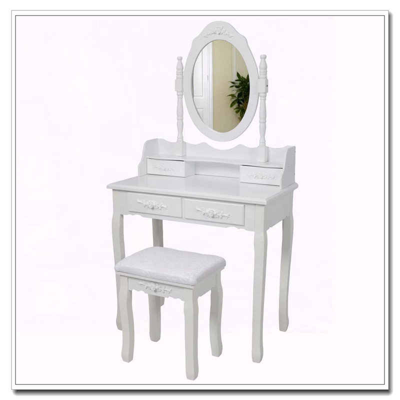 White Princess Vanity Desk Set with 360° Rotating Mirror, 4 Drawers and Stool, White