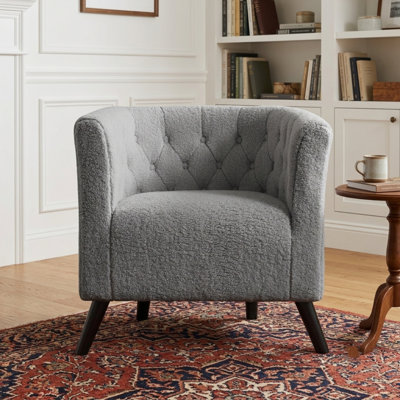 Gerdeen 26.77" Wide Tufted Teddy Velvet Upholstered Barrel Chair with Wooden Legs