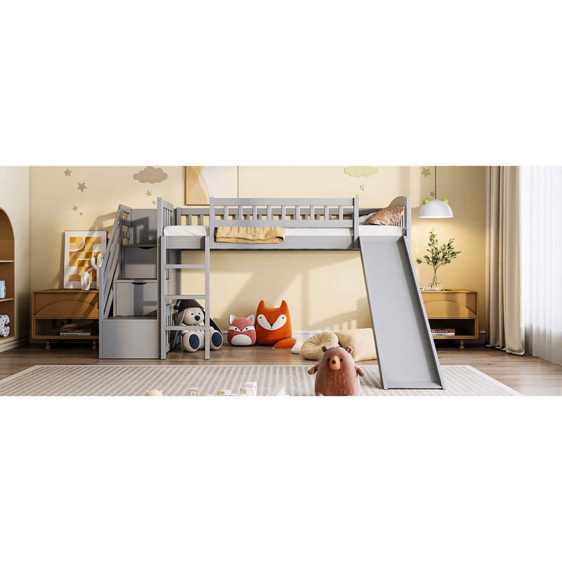 Lit mezzanine simple gris avec escalier avec tiroirs et glissade, construction solide, glissière convertible, lit à assembler requis, deux pour le rangement, divertissement, bois de pin, aucun sommier nécessaire