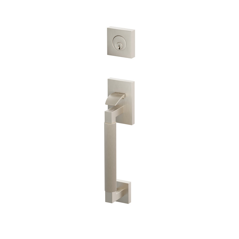 Ensemble de porte sectionnelle Emtek SELECT : poignée tubulaire factice, tige extérieure en L, poignée moletée droite, tige intérieure conique, bouton vert marbré, nickel satiné.
