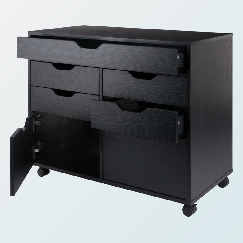 Sutton Multi-Storage Mobile Cabinet with 5 Drawers in Black, 26.1'' H X 31.89" W X 15.85'' D, Black