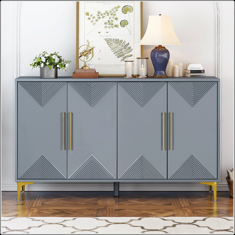 Unique Features of a Four-Door Cabinet with Two-Tone Triangular Pattern Doors, Gray
