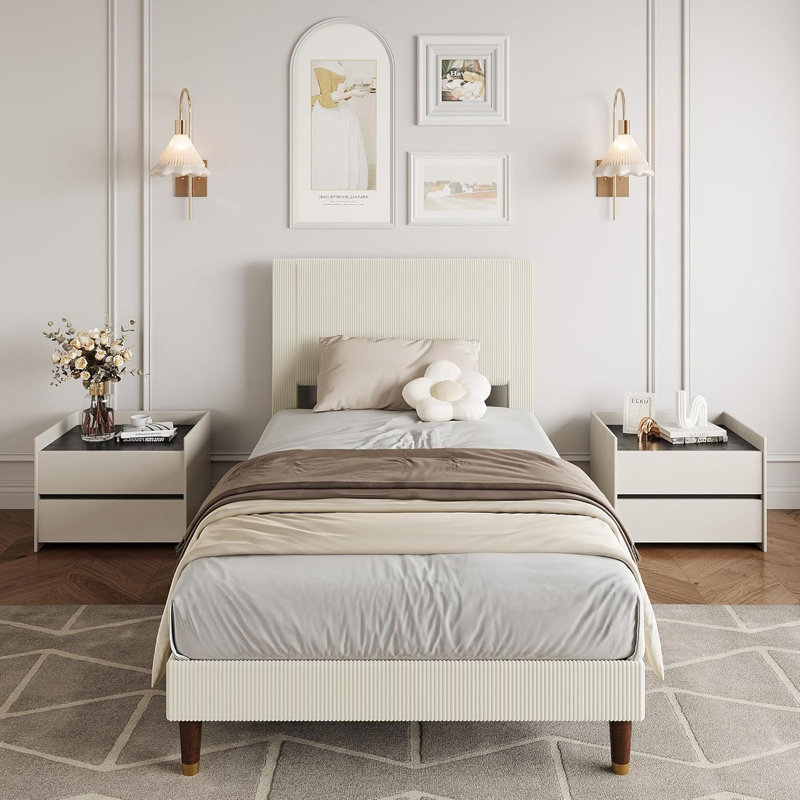 Twin Bed – Fabric Headboard, Metal Slats, Storage, Beige, Compact Design, Beige, Twin