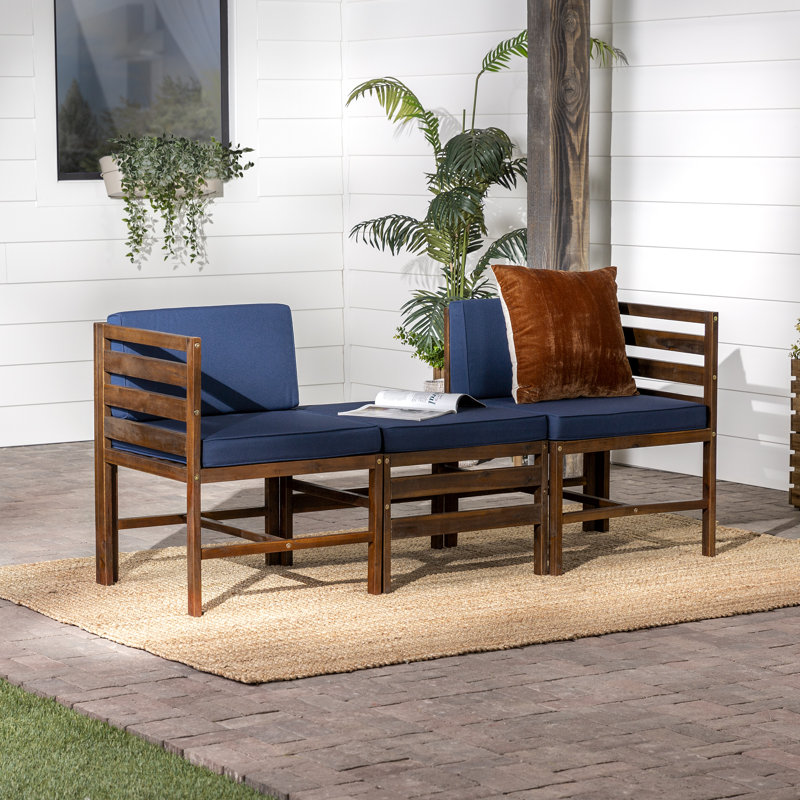 Canapé de patio en acacia avec coussins et repose-pieds, Marron foncé, Marine