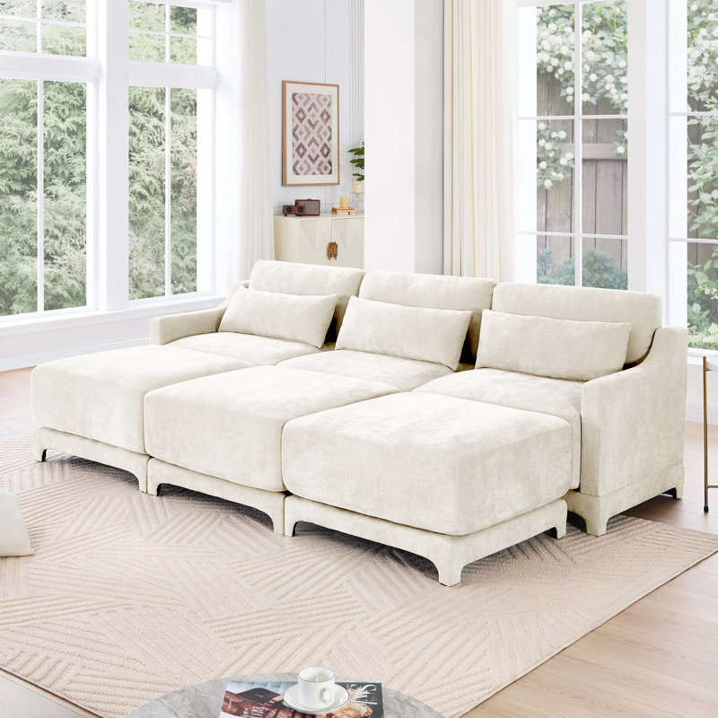 Canapé à trois places, 3 repose-pieds mobiles, équipé d'un coussin lombaire, tissu en chenille, base en bois de haute qualité, conception ergonomique, éponge à haute résilience, facile à installer