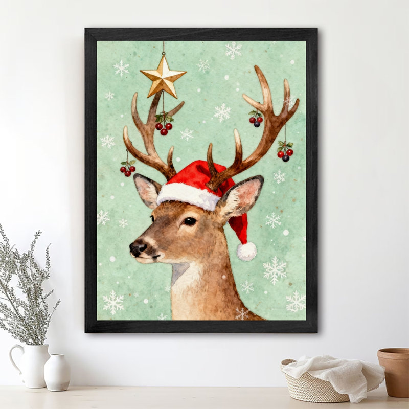 Renne de Noël rétro encadré noir portant un chapeau de père Noël, impression d'art de style rétro, H 17 po x l 13 po