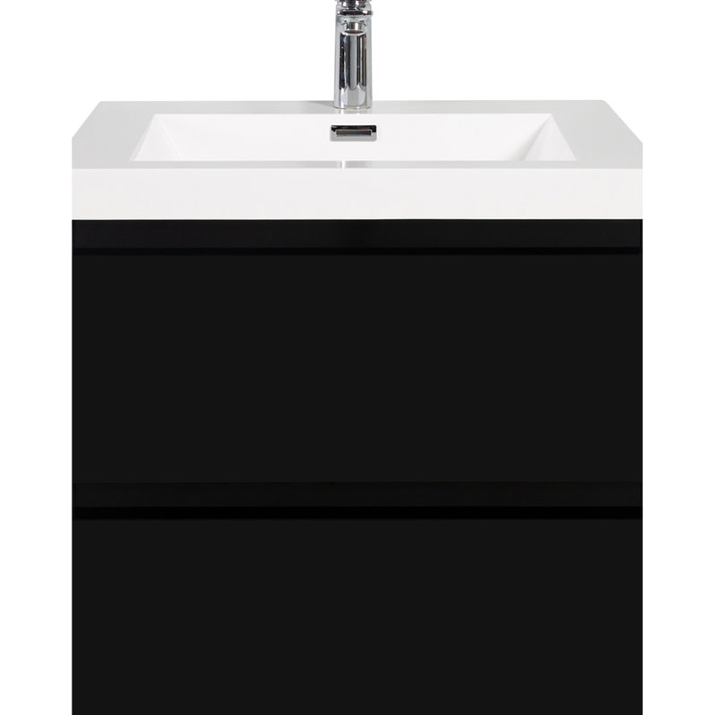 Meuble-lavabo 24 po avec fermeture en douceur - noir brillant. Lavabo en résine. Comptoir de meuble-lavabo pour salle de bain fonctionnel et élégant. Tiroirs pratiques