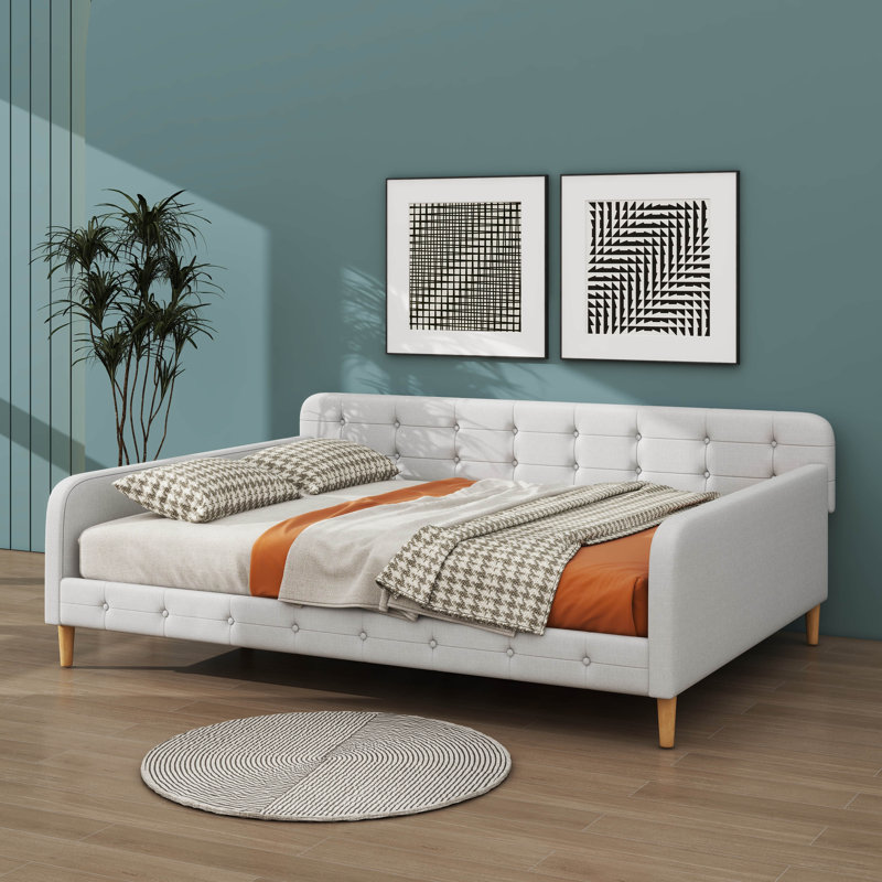 Lit de jour avec revêtement en tissu et repose-pieds, Beige, Double
