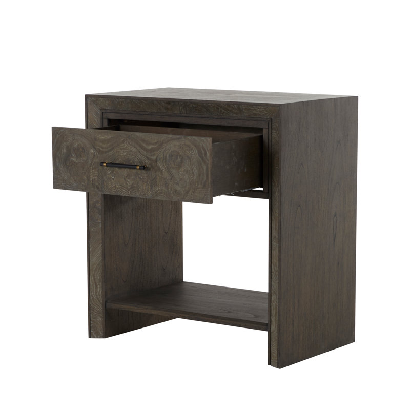 Table de chevet en bois massif à 1 tiroir Alma brun foncé / laiton / noir