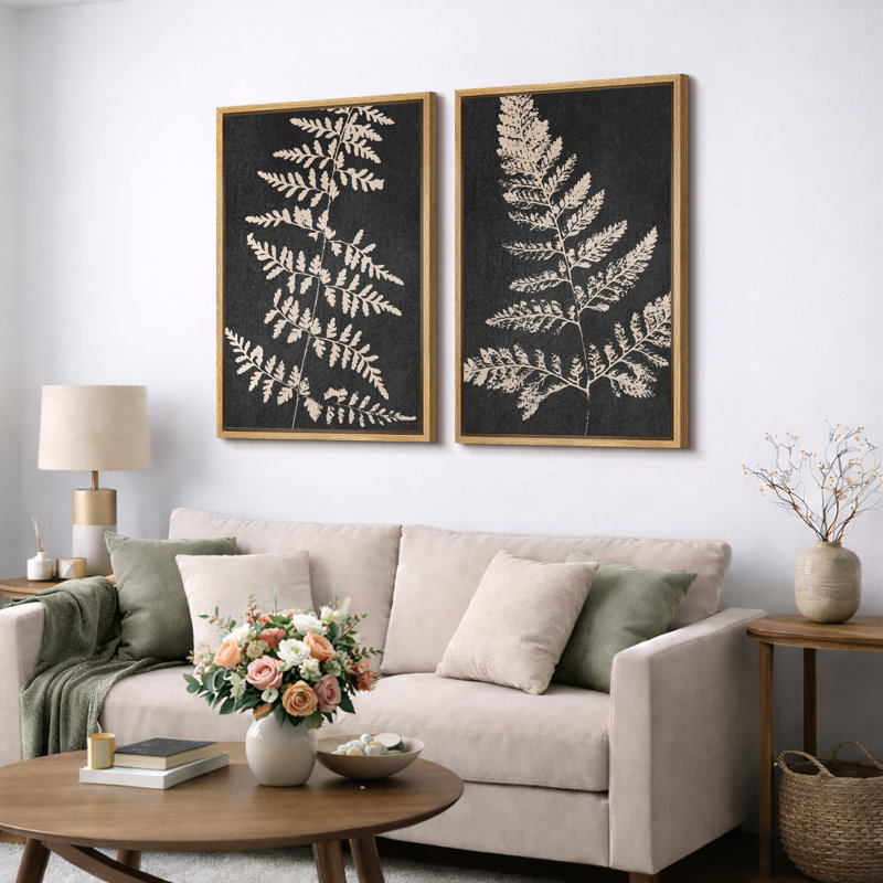 Minimal Botanical "Œuvre de fougère à feuilles gris foncé et brun clair, images murales rustiques modernes minimalistes neutres, ensemble de 2 impressions murales sur toile,"