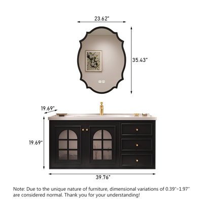 Meuble-lavabo mural Mid-Century en bois d'hévéa avec lavabo en céramique intégré et miroir intelligent