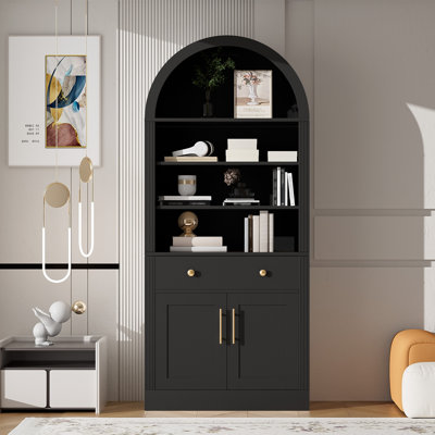 Bibliothèque arquée avec armoire de rangement, bibliothèque haute avec portes de tiroir et tablettes réglables, garde-manger autoportant pour le salon, le bureau personnel et la salle de bain